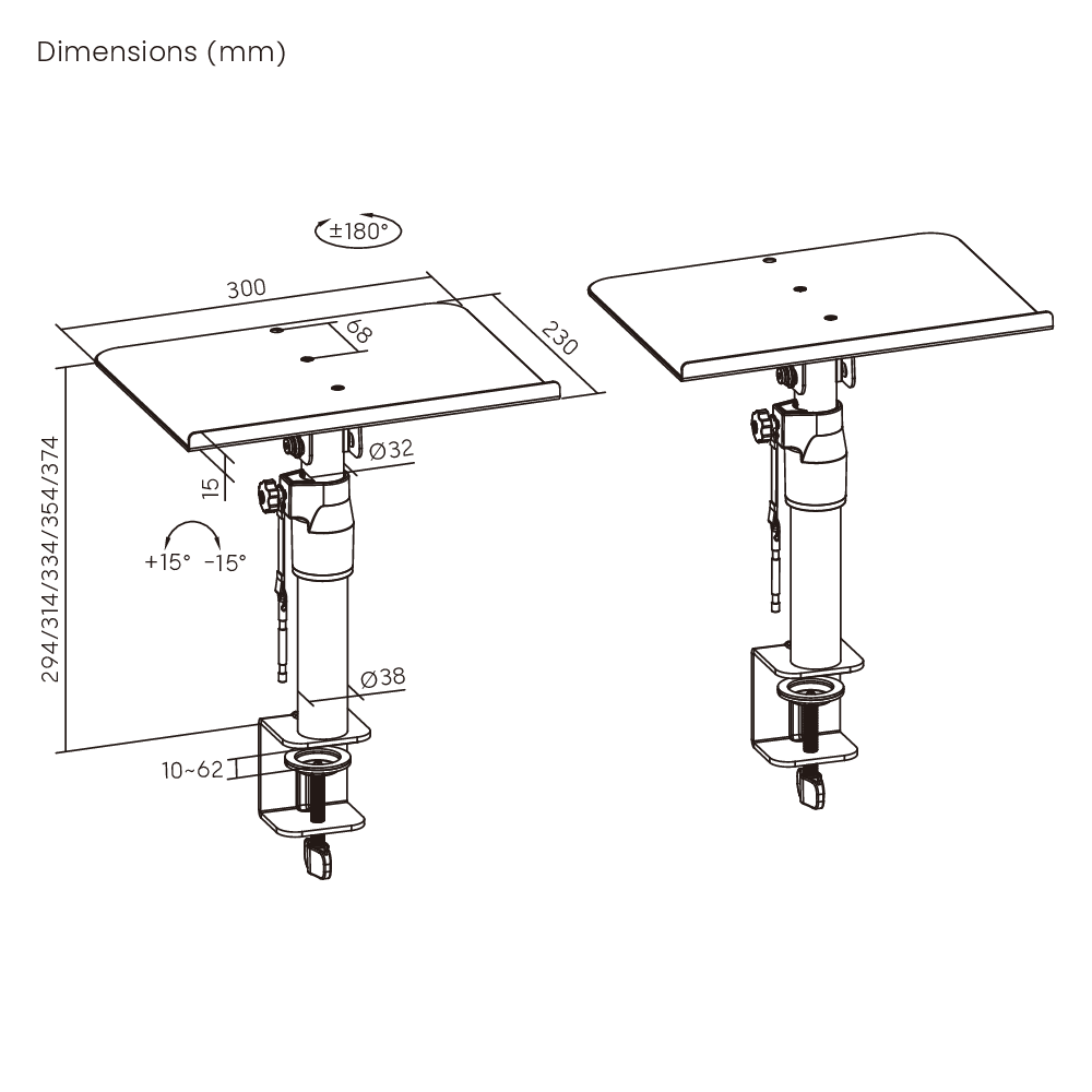 Dimension drawing of the Lumi BS-77C speaker tabletop stand showing overall size and mounting dimensions