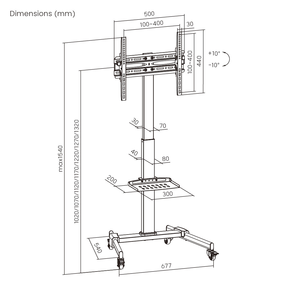 Dimension drawing of the Lumi FS22-44TW TV cart showing overall size and mounting dimensions