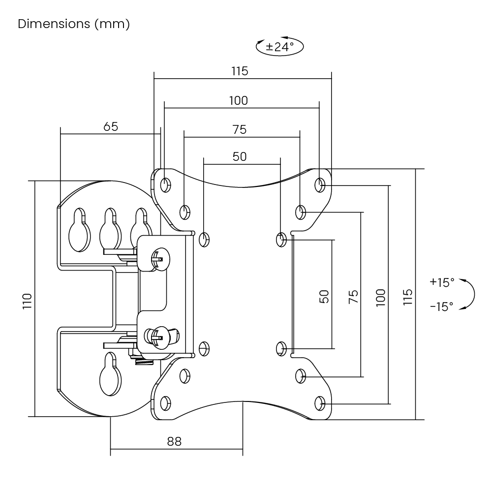 Dimension drawing of the Lumi LCD-501N full-motion TV wall mount showing overall size and mounting dimensions