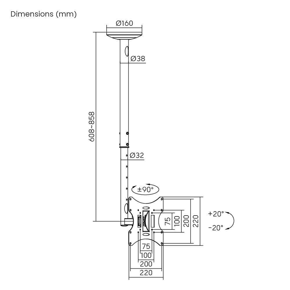 Dimension drawing of the Lumi LCD-504A TV ceiling mount showing overall size and mounting dimensions