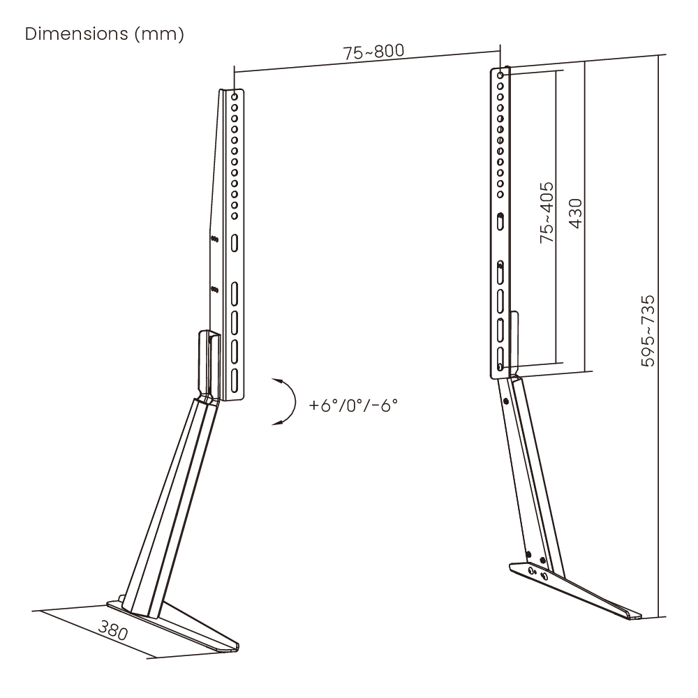 Dimension drawing of the Lumi LDT03-21L TV tabletop stand showing overall size and mounting dimensions