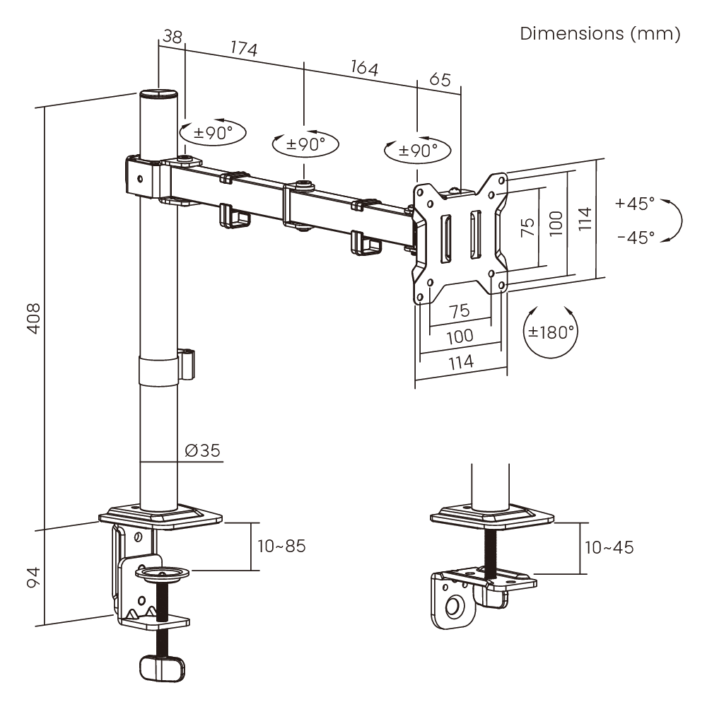Dimension drawing of the Lumi LDT110-C012 articulating monitor arm showing overall size and mounting dimensions