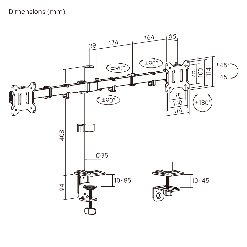 Dimension drawing of the Lumi LDT110-C024 articulating monitor arm showing overall size and mounting dimensions