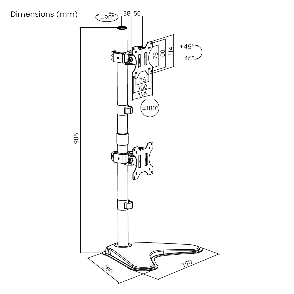Dimension drawing of the Lumi LDT12-T02V monitor stand showing overall size and mounting dimensions
