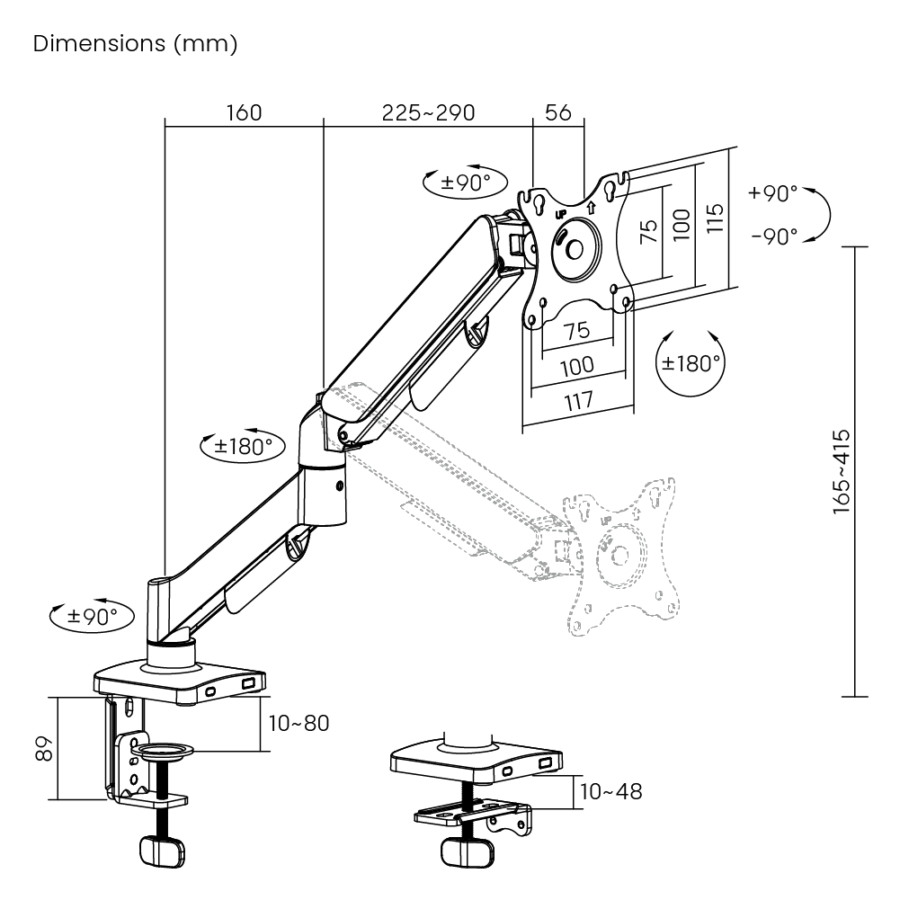Dimension drawing of the Lumi LDT97-C012 gas spring monitor arm showing overall size and mounting dimensions