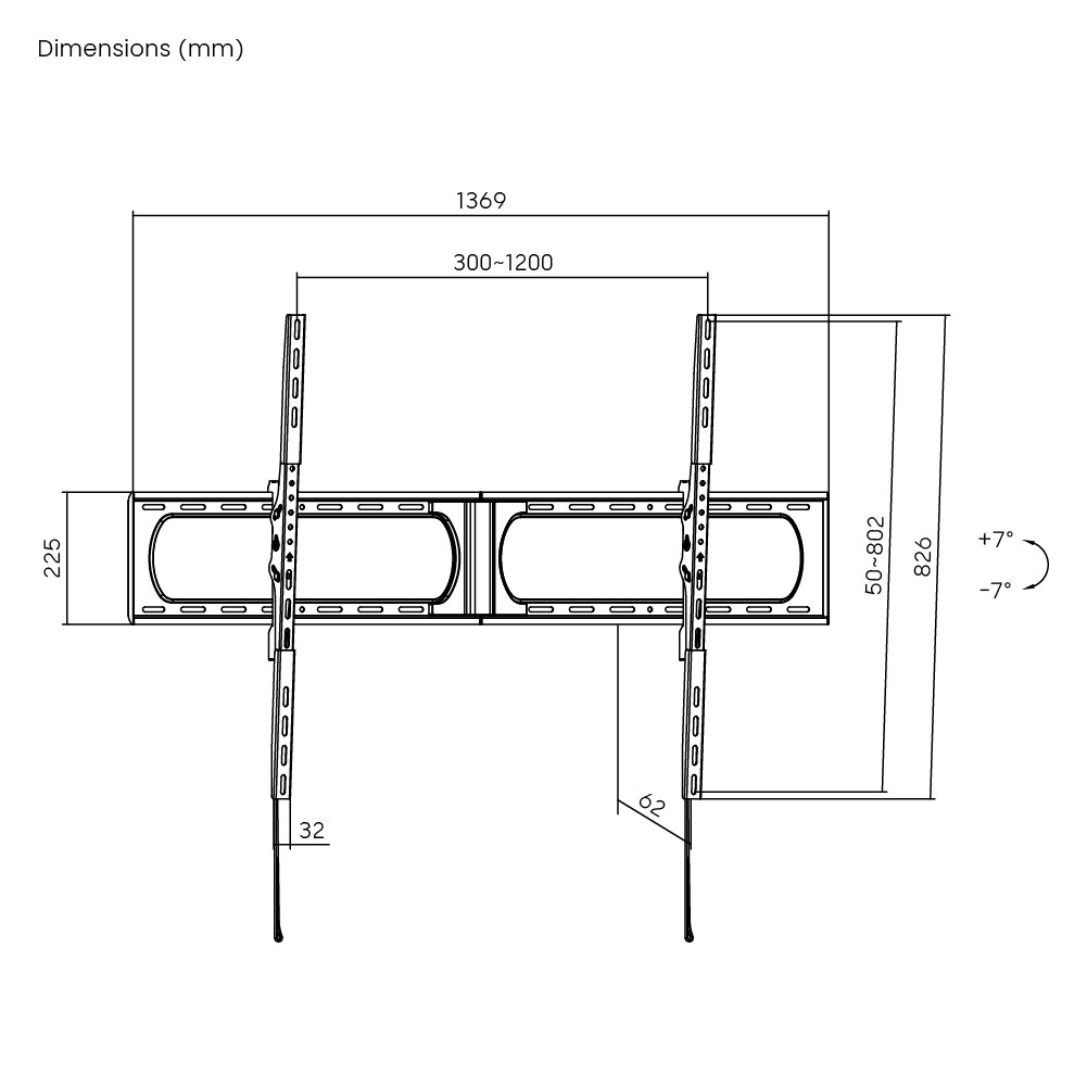 Dimension drawing of the Lumi LP73-812T tilt TV wall mount showing overall size and mounting dimensions