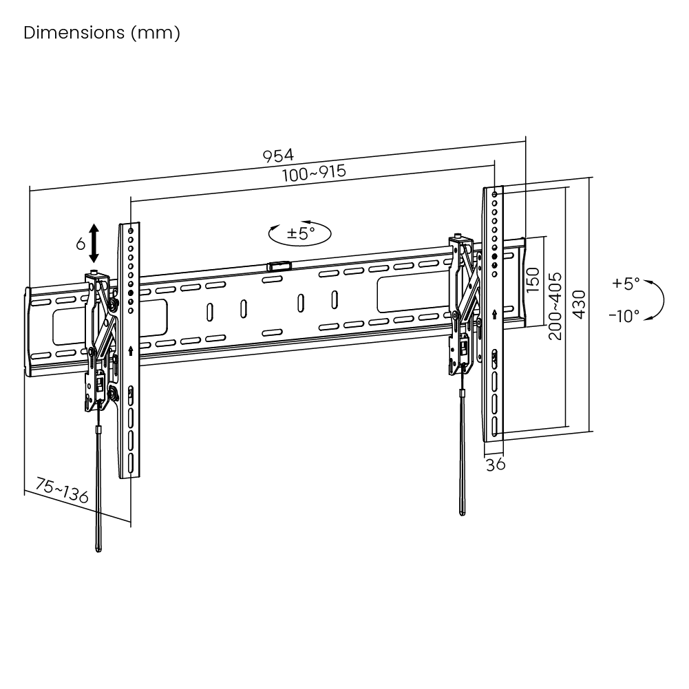 Dimension drawing of the Lumi LP75-48T tilt TV wall mount showing overall size and mounting dimensions