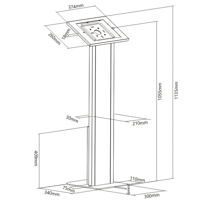 Dimension drawing of the Lumi PAD32-02 anti-theft tablet kiosk floor stand showing overall size and mounting dimensions