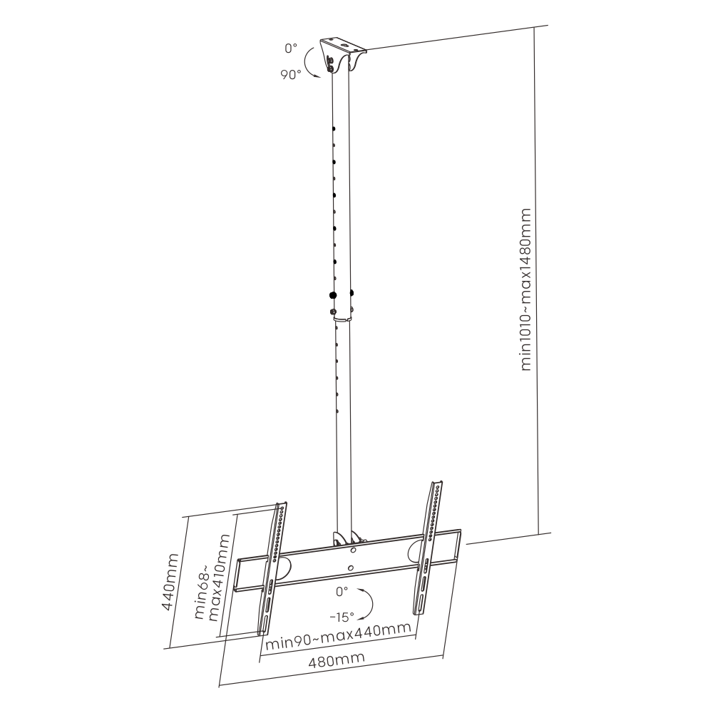 Dimension drawing of the Lumi PLB-CE444 TV ceiling mount showing overall size and mounting dimensions