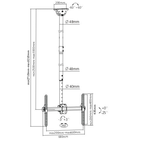 Dimension drawing of the Lumi PLB-CE946-01XL TV ceiling mount showing overall size and mounting dimensions