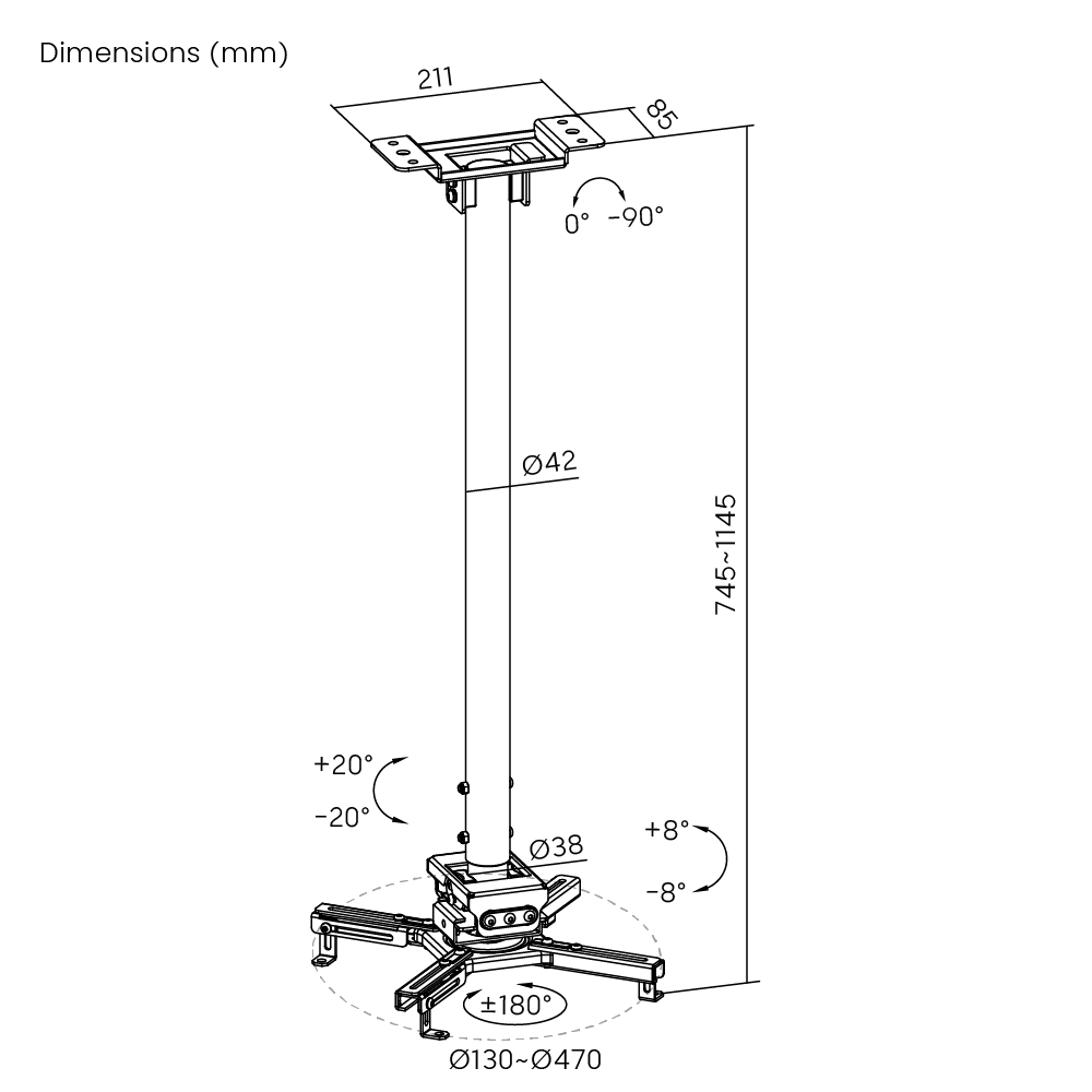 Dimension drawing of the Lumi PRB-20-01L projector mount showing overall size and mounting dimensions