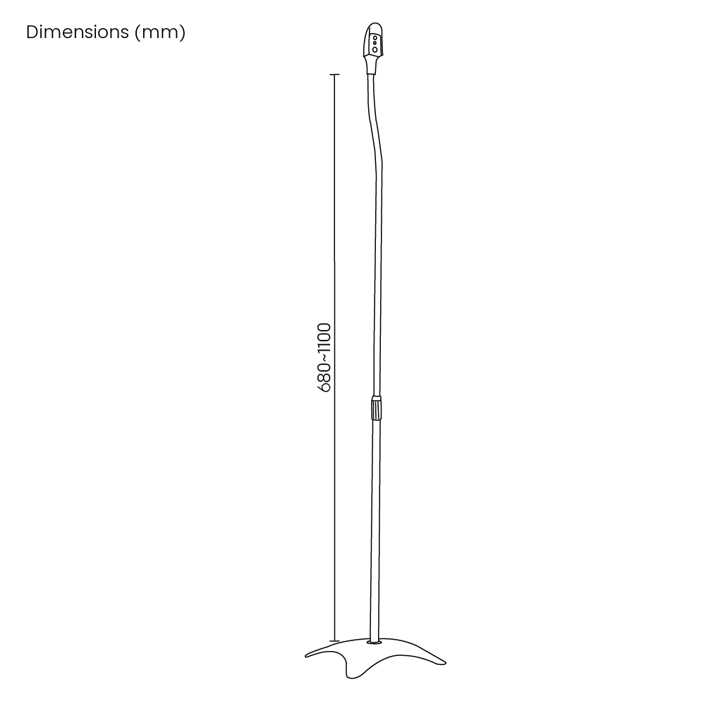 Dimension drawing of the Lumi SS-01 speaker floor stand showing overall size and mounting dimensions