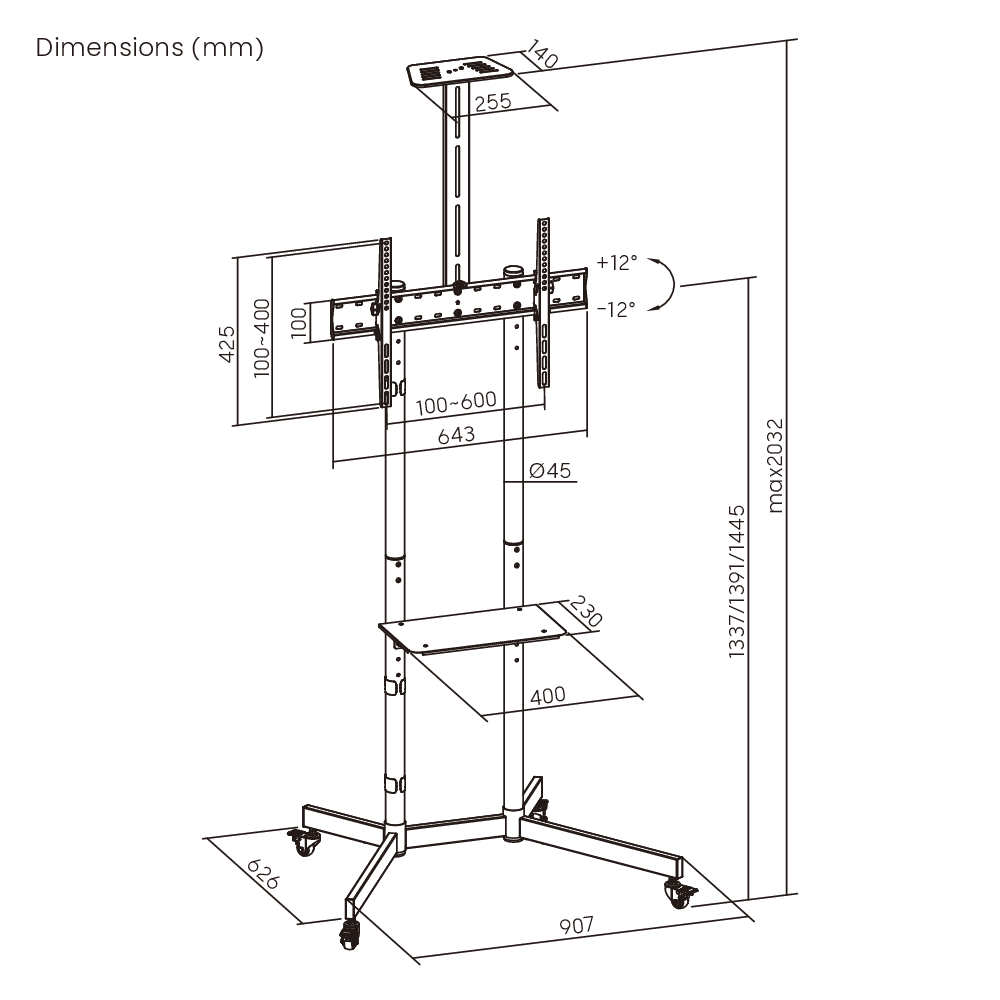 Dimension drawing of the Lumi T1042T TV cart showing overall size and mounting dimensions