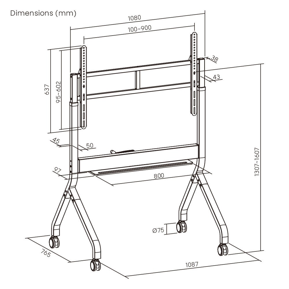 Dimension drawing of the Lumi TTF19H-69FW crank adjustable TV cart showing overall size and mounting dimensions