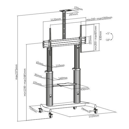 Dimension drawing of the Lumi TTL07-610TW TV cart showing overall size and mounting dimensions