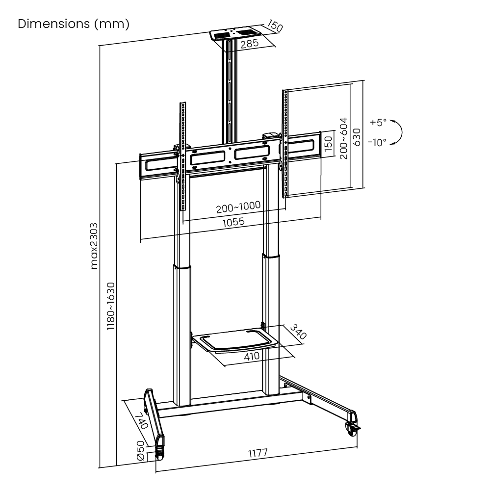 Dimension drawing of the Lumi TTL17H-610TW crank adjustable TV cart showing overall size and mounting dimensions