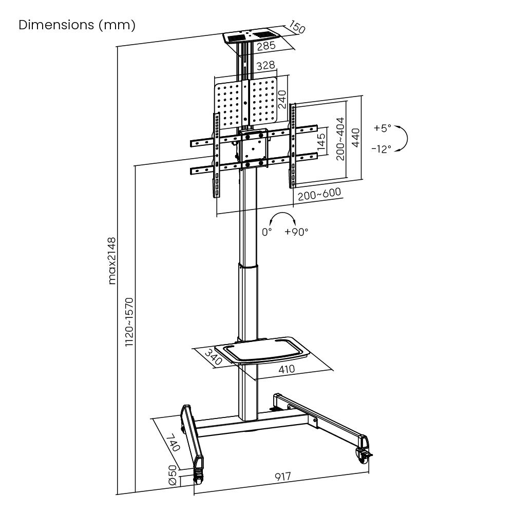Dimension drawing of the Lumi TTV17H-46TW crank adjustable TV cart showing overall size and mounting dimensions