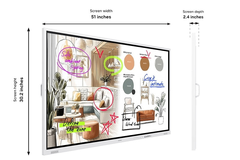 Samsung WM55FX: 55 Inch Flip Pro WMFX 4K Interactive Display - dimensions and package contents diagram