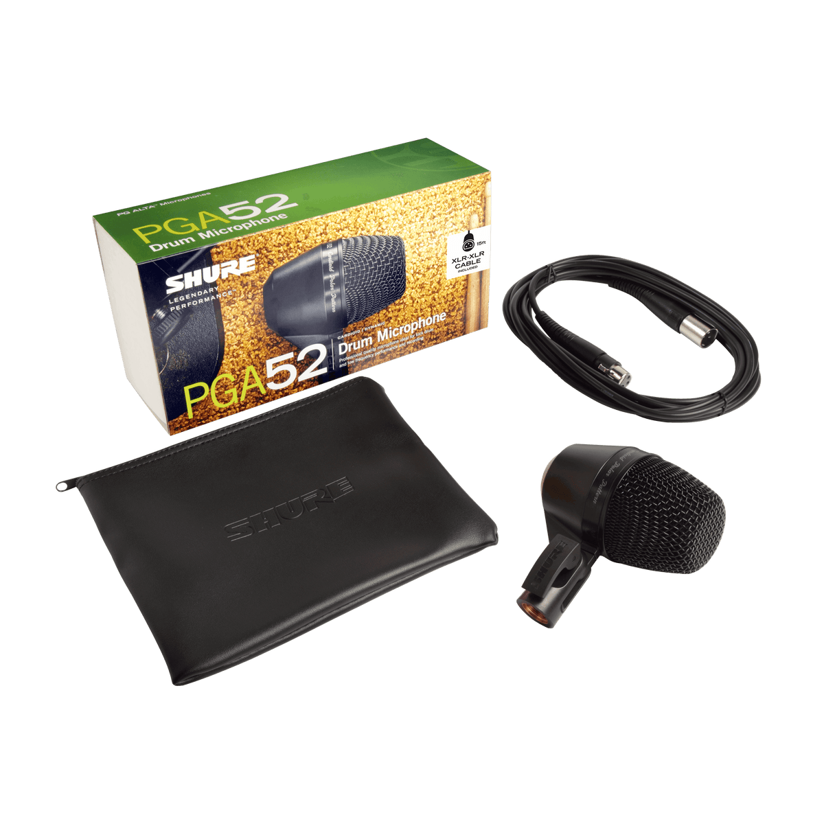 Shure PGA52-XLR Cardioid Dynamic Kick Drum Microphone, XLR Cable - front view