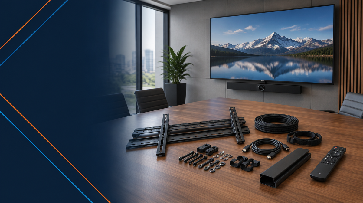 AV Accessories for Meeting Rooms — hero banner featuring modern conference table with AV accessories neatly laid out — mounting hardware, cable management, a remote control — beside a large display on the wall | Corporate AV India