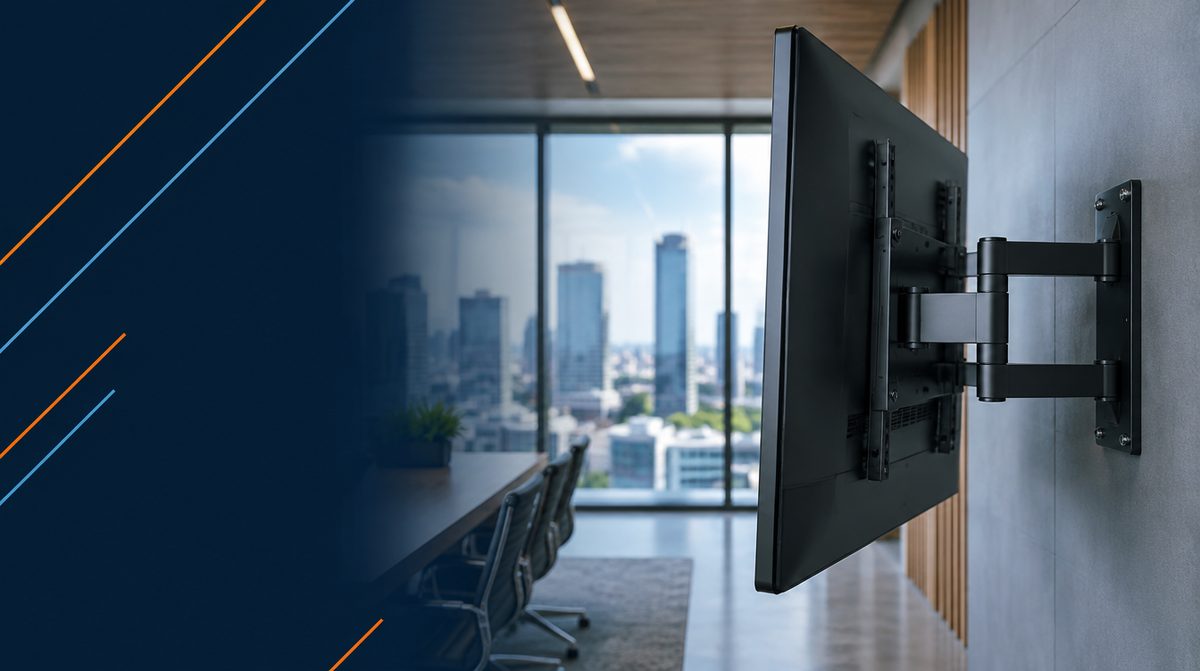 AV Mounts for Displays and Projectors — hero banner featuring close-up of a large commercial display mounted on a sleek articulating wall mount in a modern office, showing the professional mounting hardware | Corporate AV India