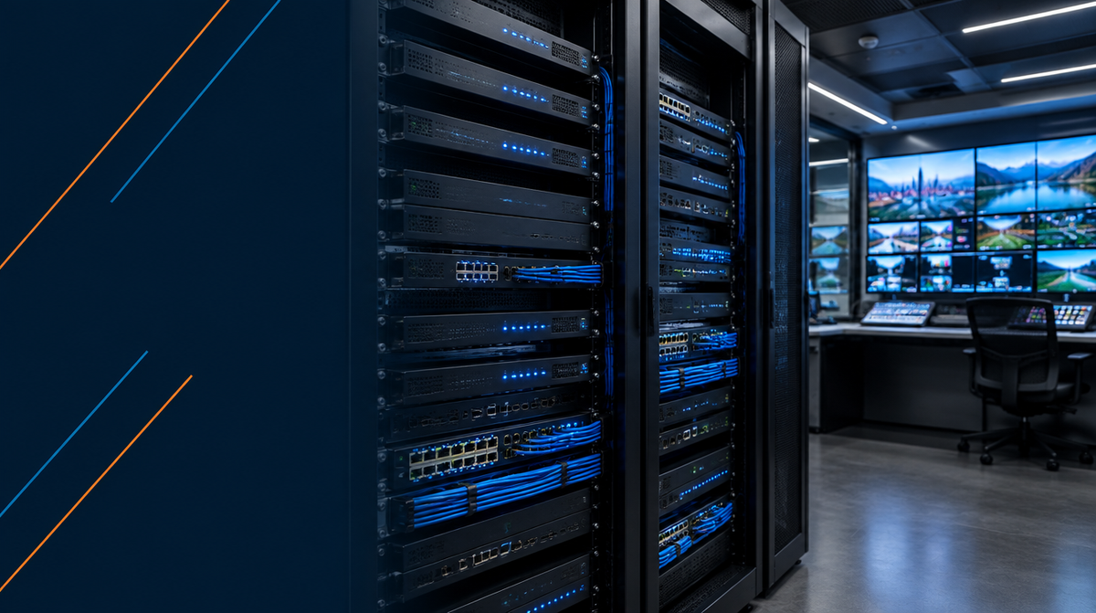 AV Over IP Solutions for Enterprises — hero banner featuring modern AV control room or data center with network AV-over-IP encoders and decoders racked neatly, network cabling visible, blue status lights | Corporate AV India