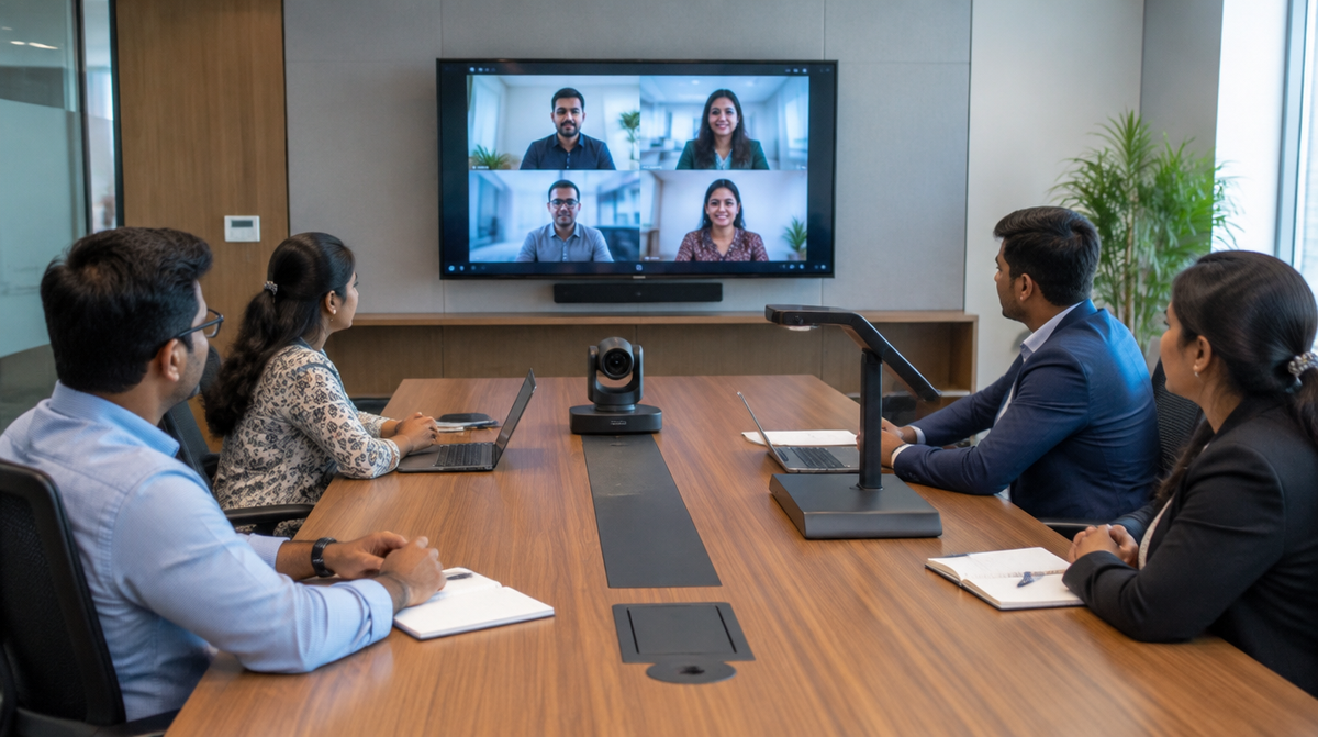 AVer PTZ conferencing camera installed in a modern Indian corporate meeting room by Corporate AV