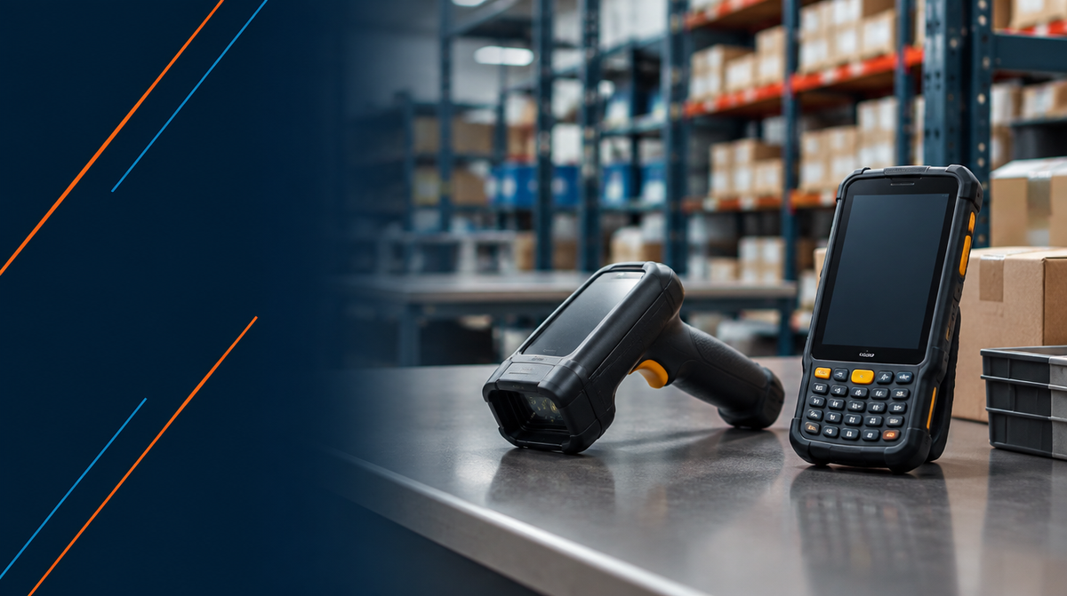 Barcode Scanners and Mobile Computing Devices — hero banner featuring modern retail or warehouse setting with a rugged barcode scanner and mobile computing device on a counter, shelving softly blurred behind | Corporate AV India