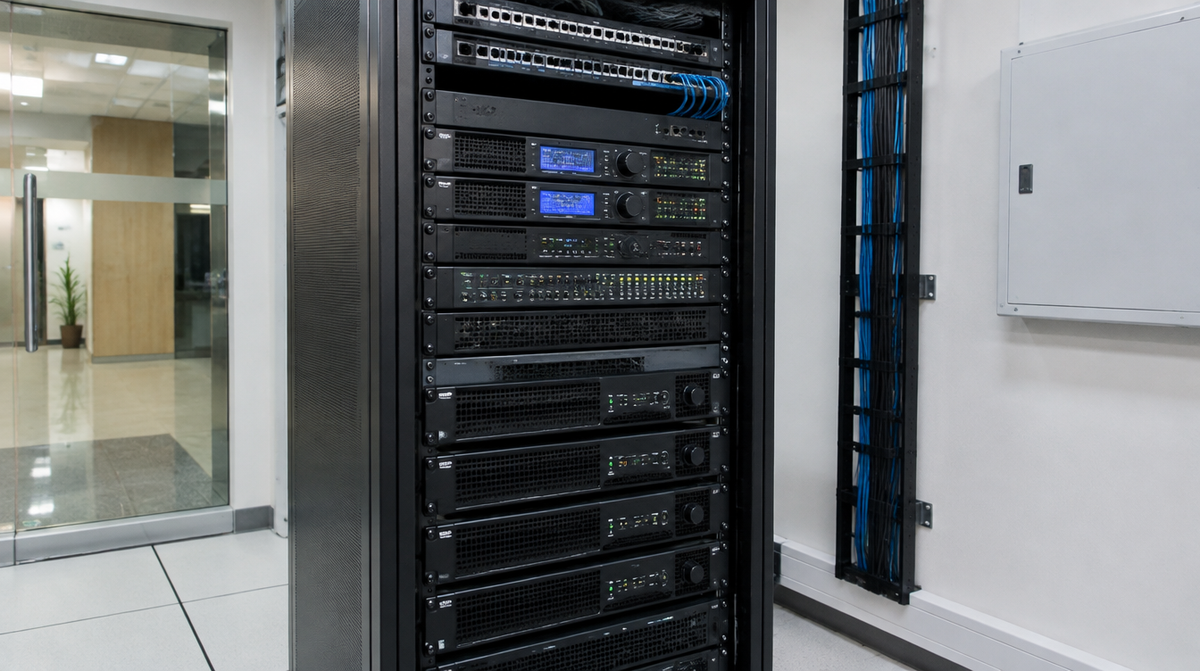 Biamp audio DSP and amplifier rack installed in an AV equipment room in India by Corporate AV