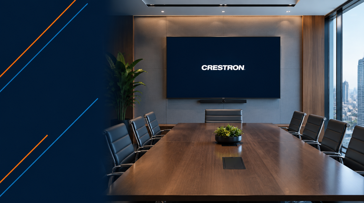 Crestron Electronics Products in India — hero banner featuring Crestron Electronics branded display technology in a modern boardroom setting