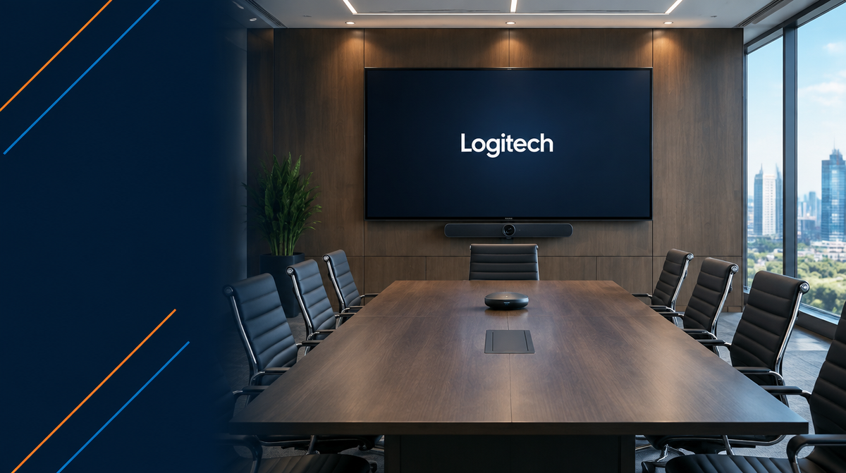 Logitech Products in India — hero banner featuring Logitech branded display technology in a modern boardroom setting