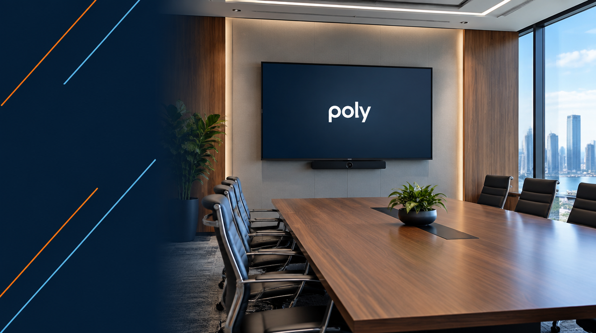 Poly Products in India — hero banner featuring Poly branded display technology in a modern boardroom setting