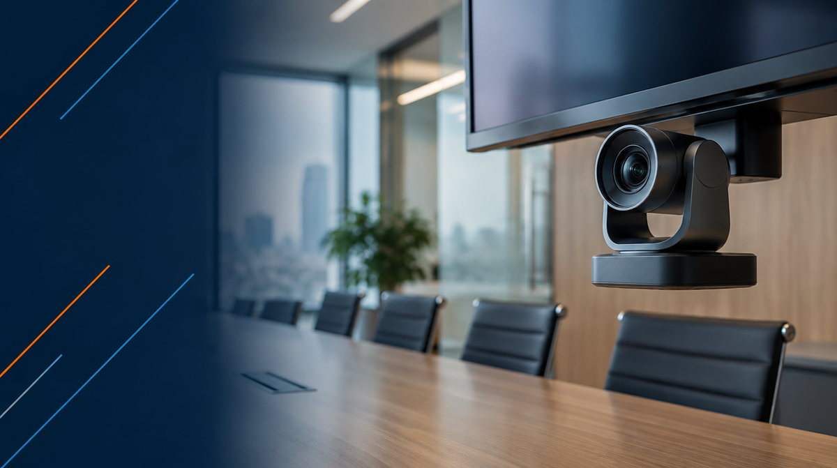 Conference Room Cameras for Video Calls — hero banner featuring modern conference room close-up on a professional PTZ conference camera mounted below a large display, with the room softly blurred behind it | Corporate AV India