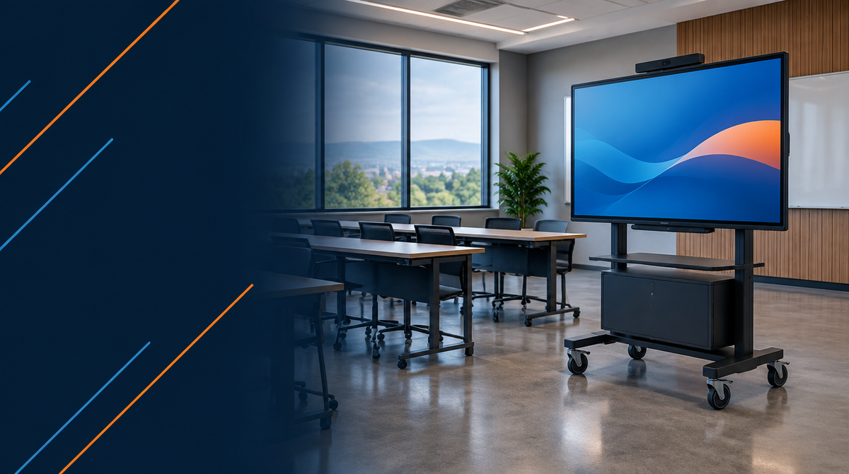 AV Carts and Stands for Mobile Setups — hero banner featuring modern training room or classroom with a mobile AV cart holding an interactive display, wheels visible, ready to move | Corporate AV India