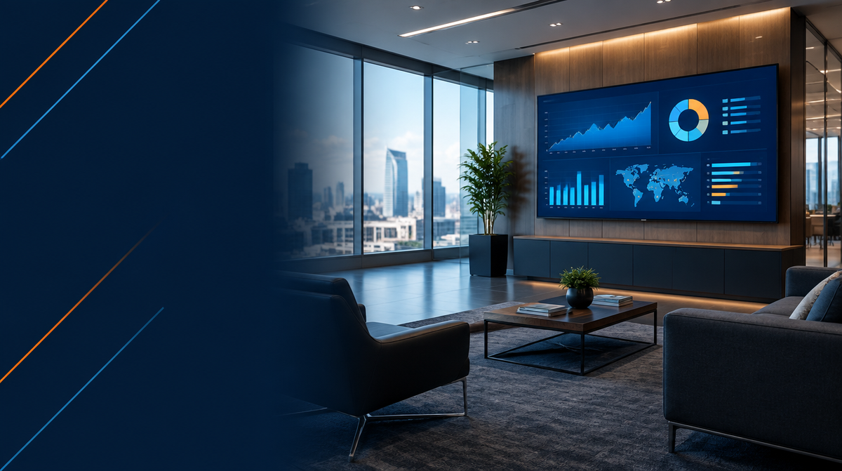 Commercial display hero banner featuring a wall-mounted business dashboard screen in a modern Indian corporate office lobby — Corporate AV Commercial Displays for Business in India