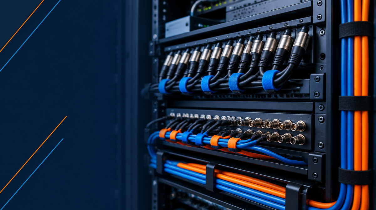 AV Connectivity Cables and Adapters — hero banner featuring close-up of neatly organized professional AV cables, connectors and cable management in a sleek equipment rack, blue and orange cable ties | Corporate AV India