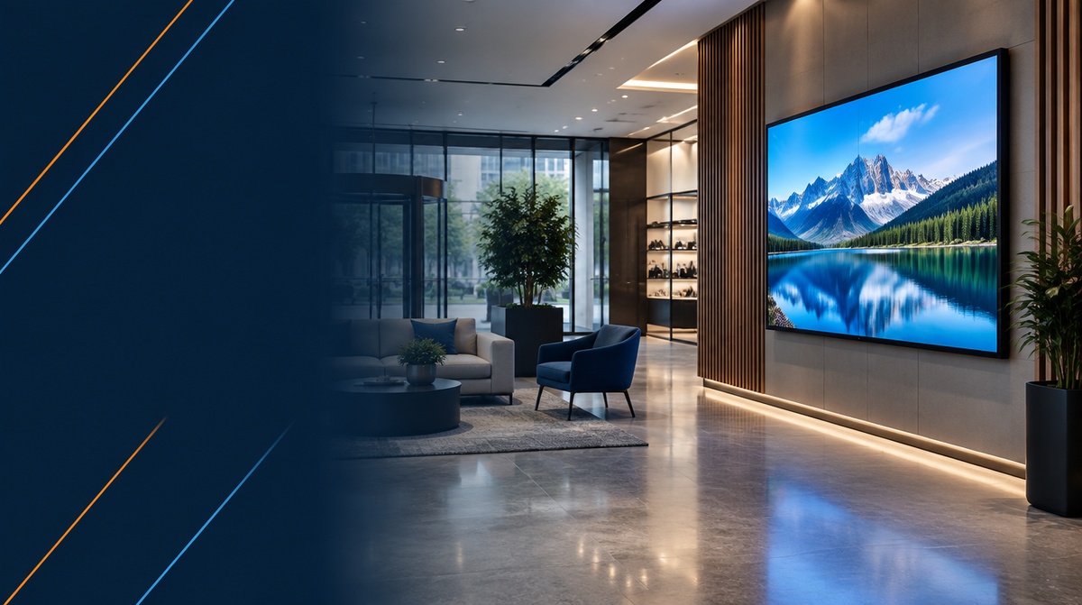 Digital Signage Displays for India — hero banner featuring modern retail or corporate lobby with a sleek digital signage display mounted on the wall showing vibrant branded content