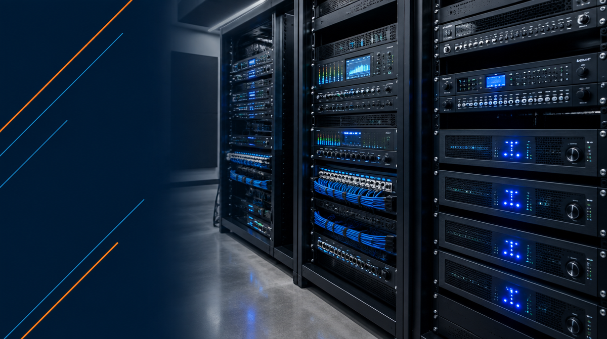 Audio DSPs, Amplifiers and Mixers — hero banner featuring professional AV equipment rack room with rack-mounted amplifiers, digital signal processors and mixers, neatly cabled, blue indicator lights glowing | Corporate AV India