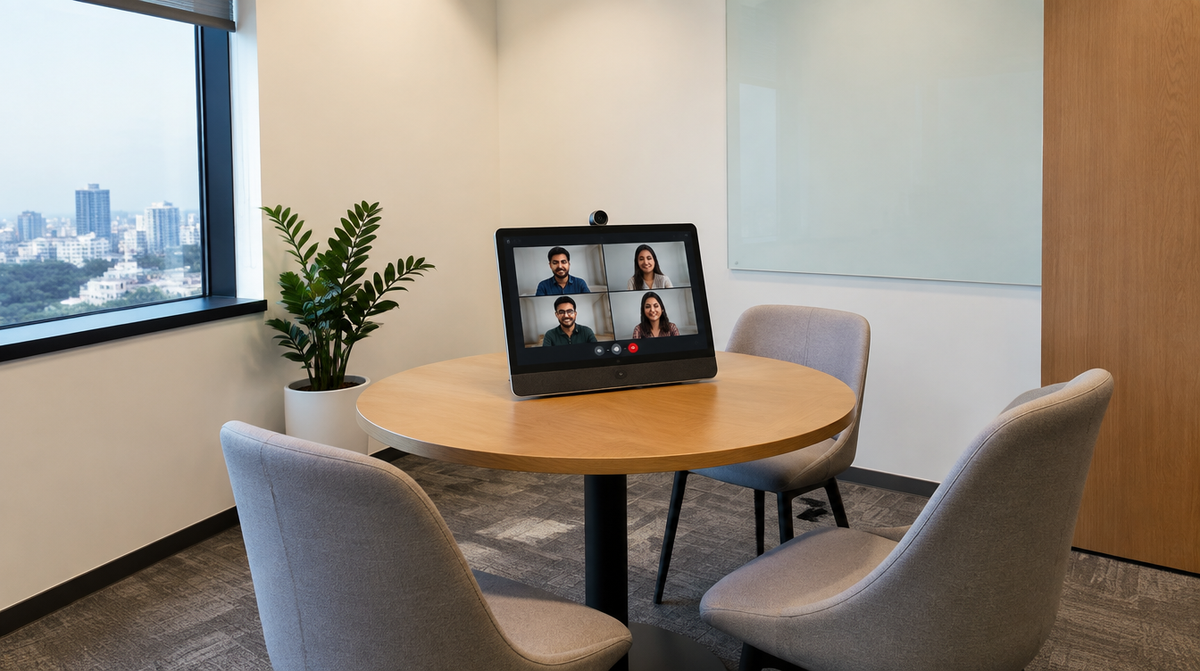 Dten all-in-one video conferencing touchscreen display installed in a modern Indian huddle room by Corporate AV