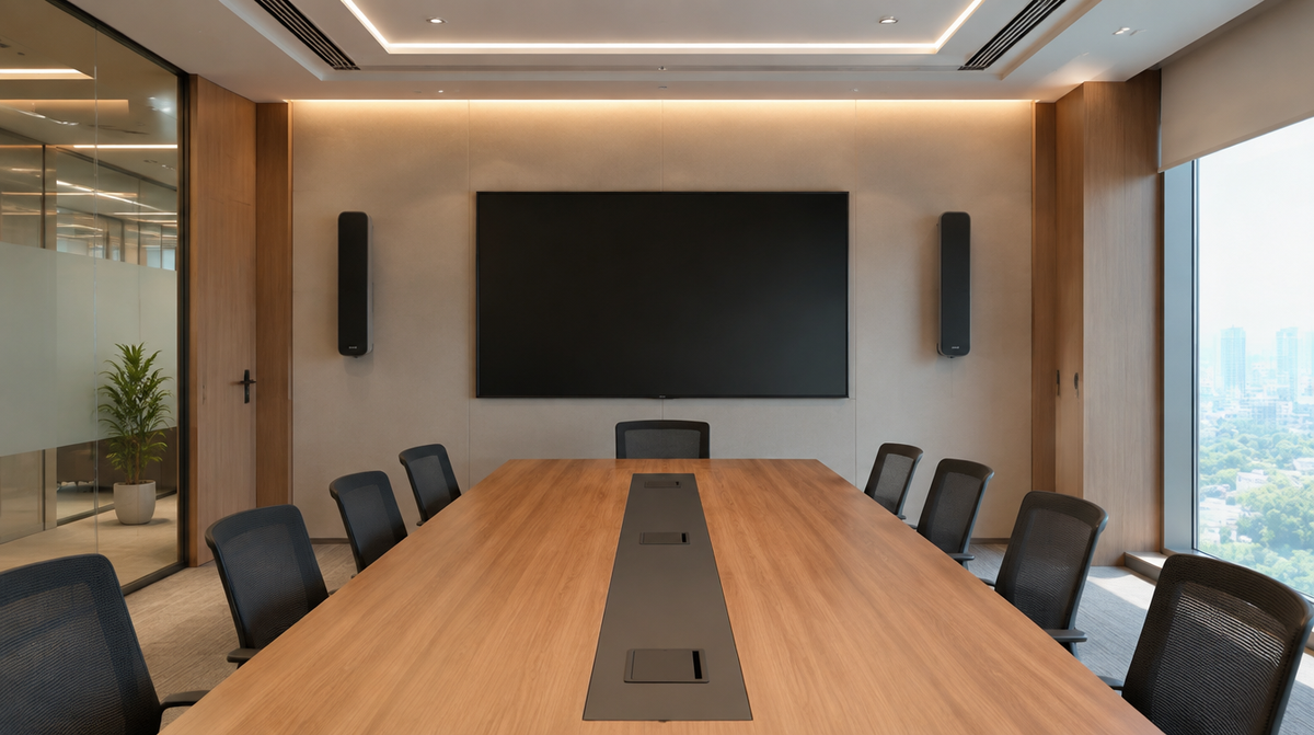 Harman Kardon premium audio speakers installed in a modern Indian corporate conference room by Corporate AV