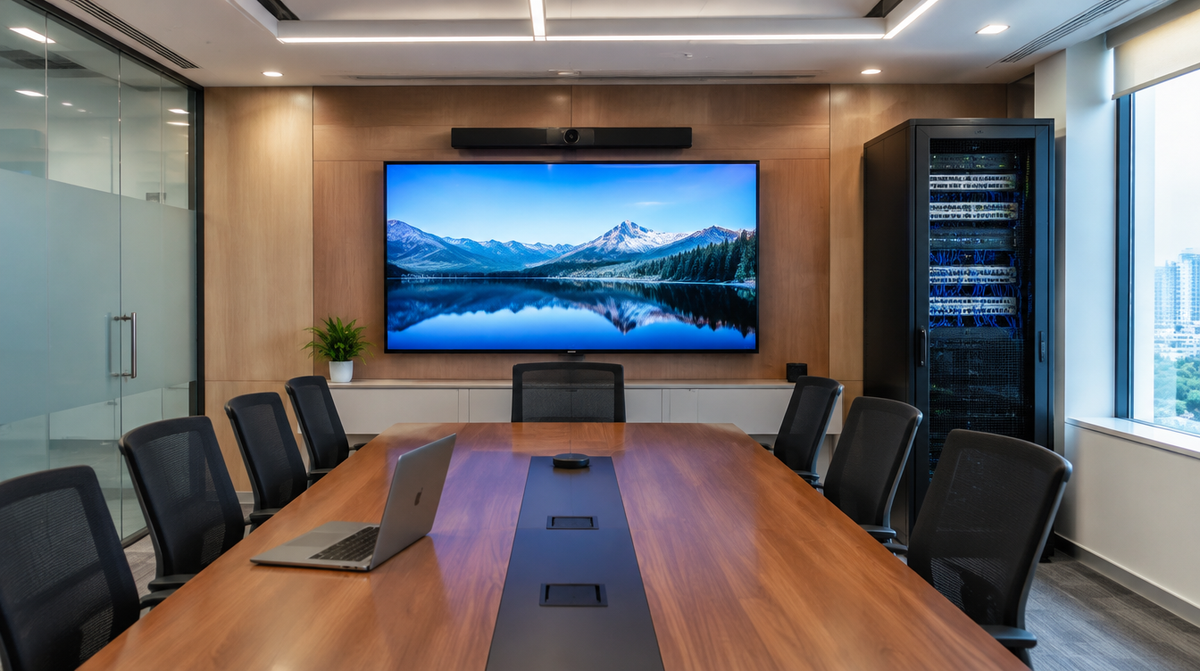 Huawei enterprise display and networking equipment installed in a modern Indian corporate boardroom by Corporate AV