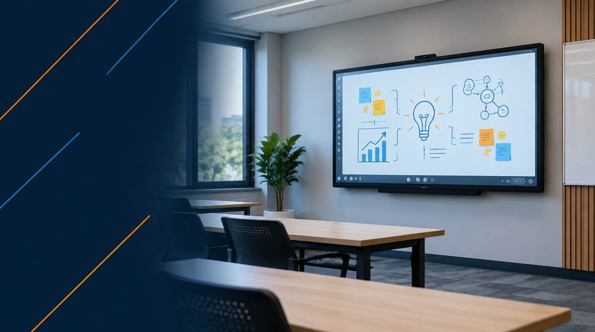 Interactive Displays for Meeting Rooms and Classrooms — hero banner featuring modern classroom or meeting room with a large interactive touchscreen flat panel display mounted on the wall, showing a bright interactive whiteboard interface | Corpora...