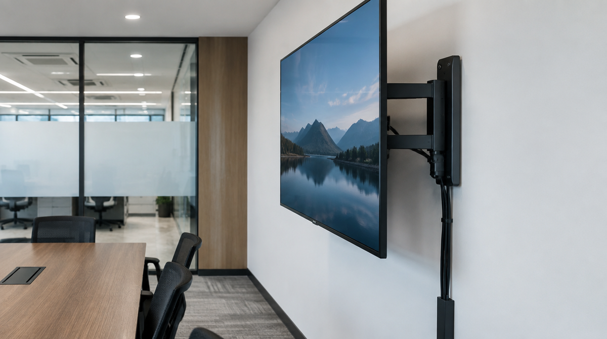 Lumi display mounting bracket installed on a flat panel display in a modern Indian corporate office by Corporate AV