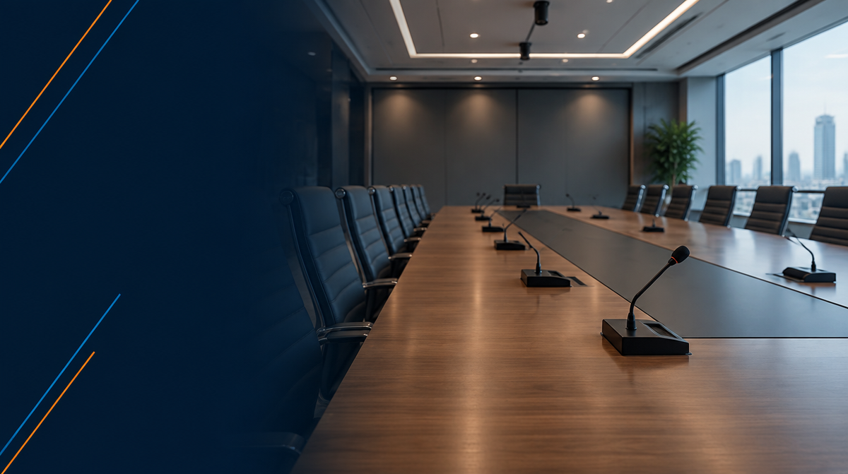 Conference Room Microphones for Clear Audio — hero banner featuring modern conference room table with sleek ceiling and boundary microphones visible above and on the table, softly lit | Corporate AV India