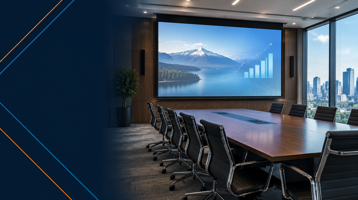 Projection Screens for Business and Education — hero banner featuring modern boardroom or auditorium with a large motorized projection screen lowered and displaying a bright presentation | Corporate AV India