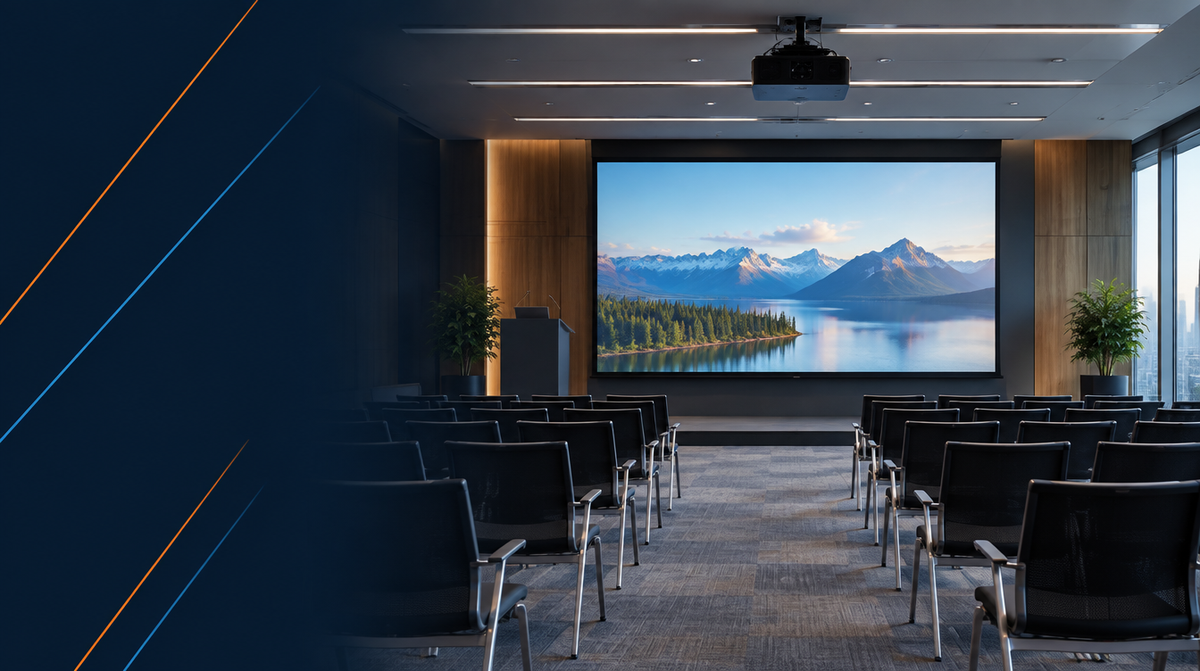 Projectors for Meeting Rooms and Auditoriums — hero banner featuring modern auditorium or boardroom with a ceiling-mounted projector casting a bright image onto a large screen | Corporate AV India