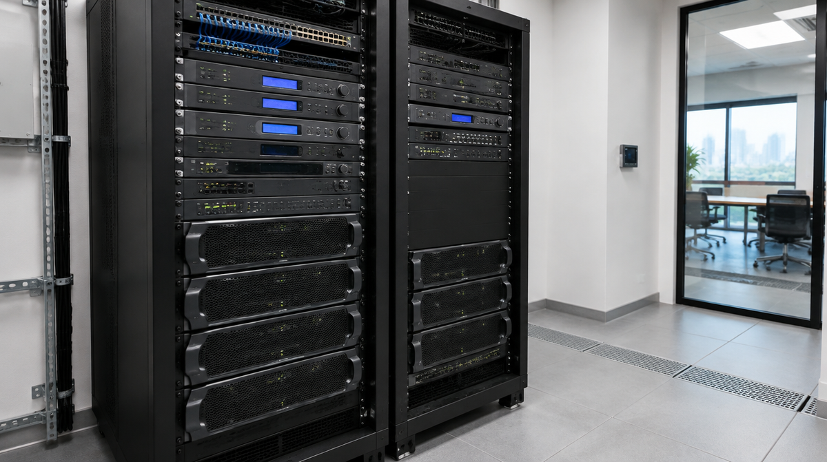 QSC professional audio amplifier and DSP rack installed in an AV equipment room in India by Corporate AV
