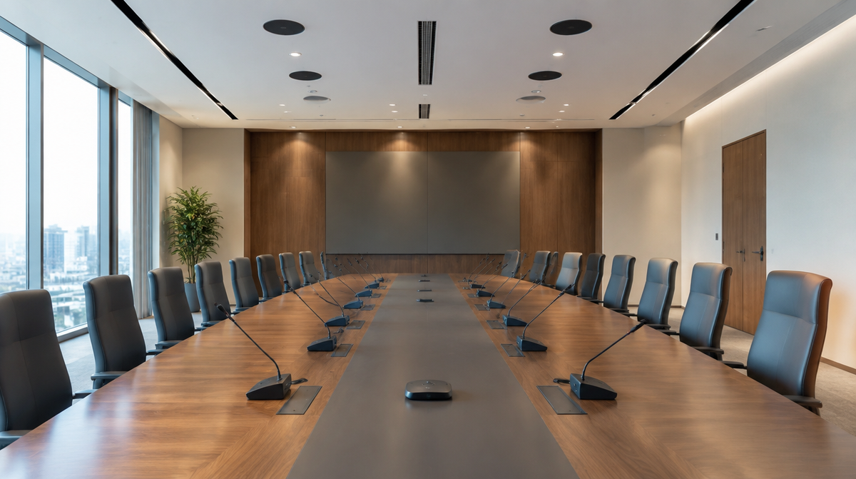 Sennheiser conferencing microphones installed in a modern Indian corporate boardroom by Corporate AV