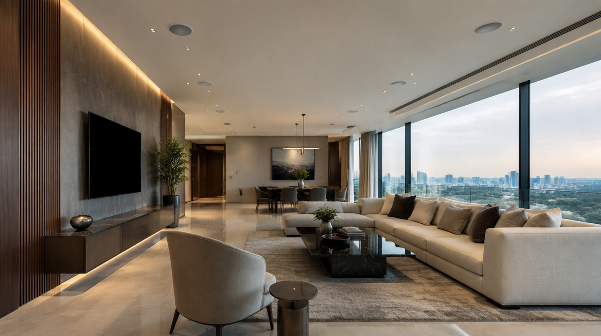 Sonance architectural in-ceiling speakers installed in a modern Indian corporate interior by Corporate AV