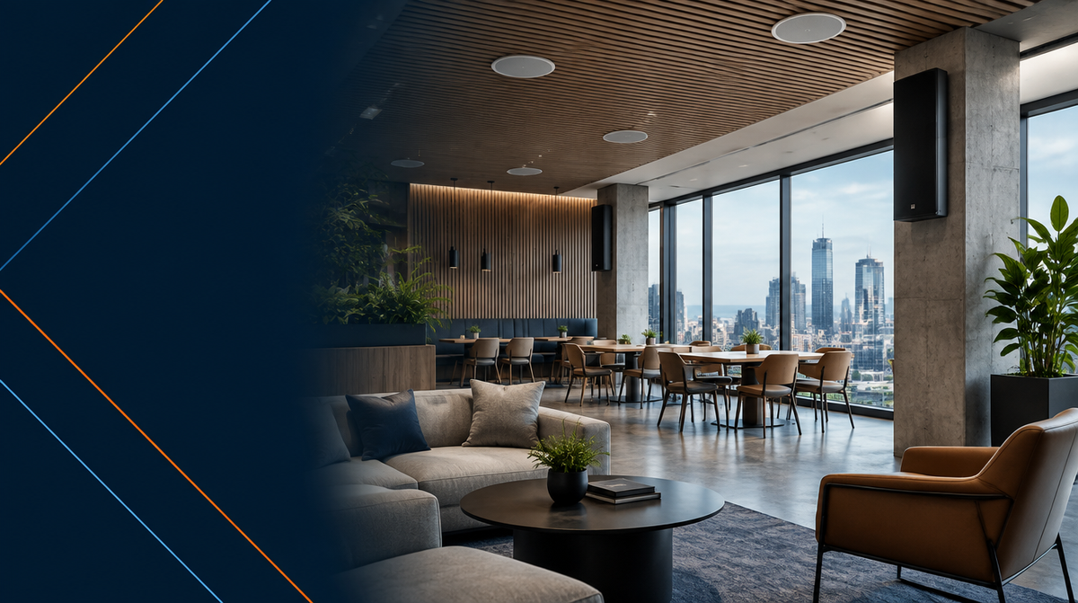 Speakers and Audio Systems for Commercial Spaces — hero banner featuring modern commercial space with professional loudspeakers and ceiling speakers integrated into the architecture, subtle and elegant | Corporate AV India